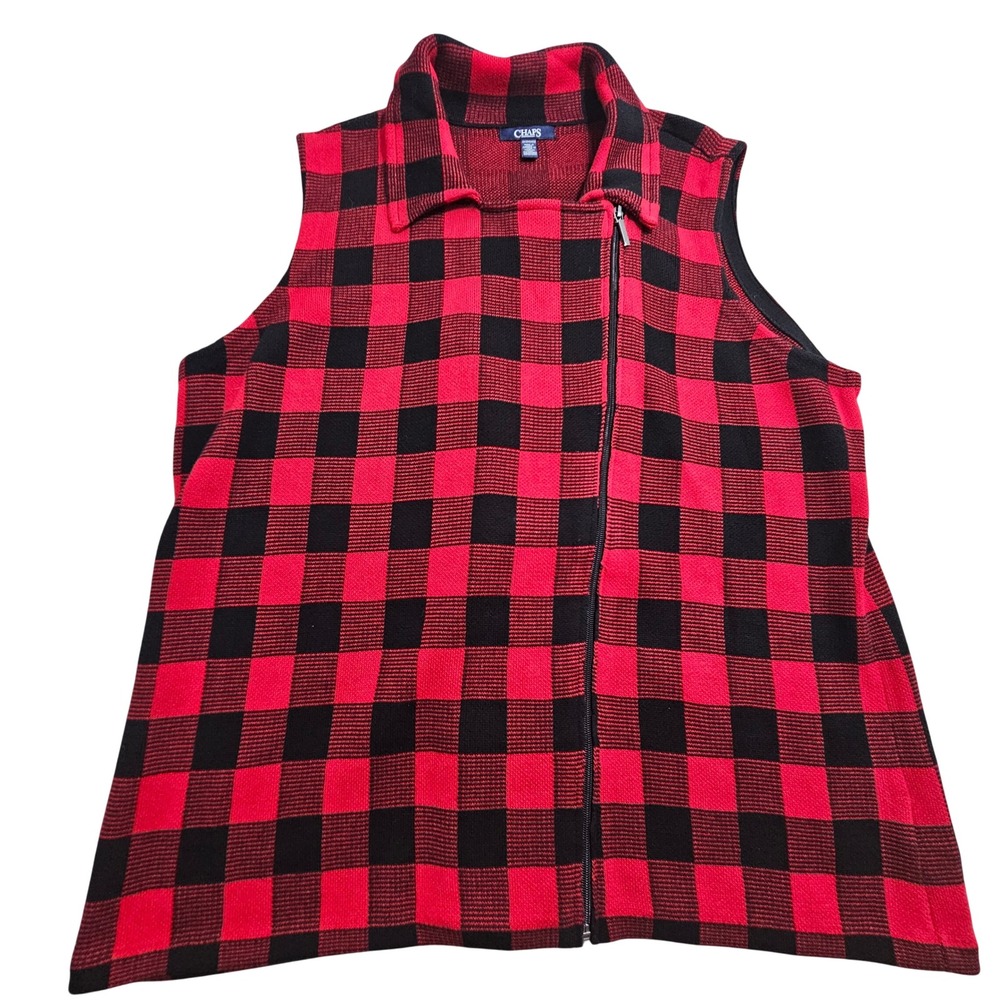 Chaps Sweater Vest 2X Red Black Buffalo Plaid Asymmetrical Zip Cotton